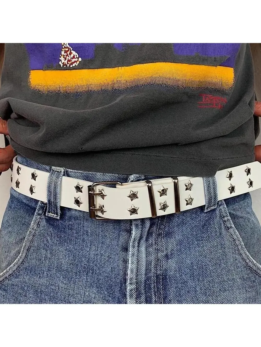 Y2k Cyber Western 2000s style studded punk goth white and silver belt. Great